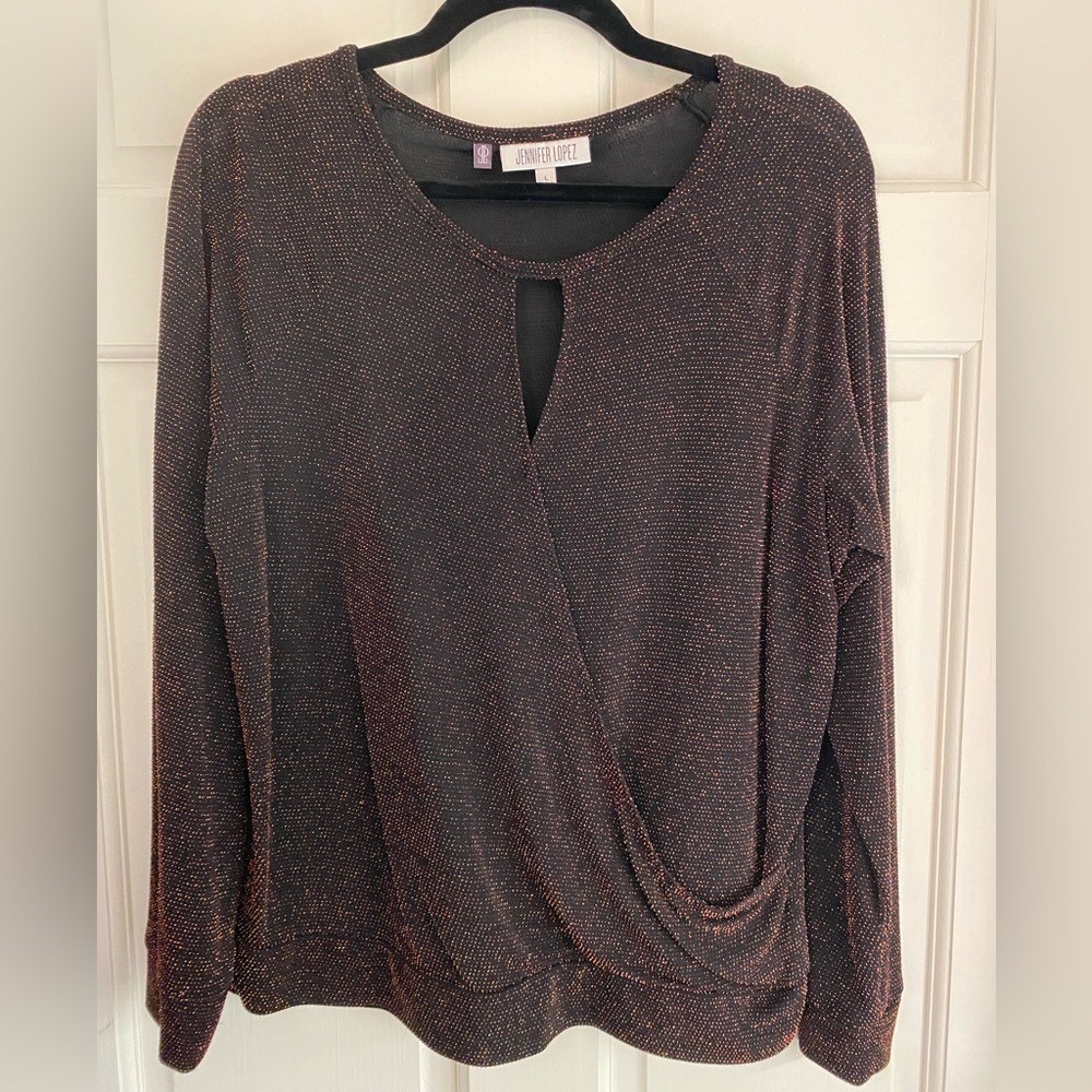 Jennifer Lopez Black and Bronze Sparkle Keyhole Women's Faux Wrap Top Large/L B